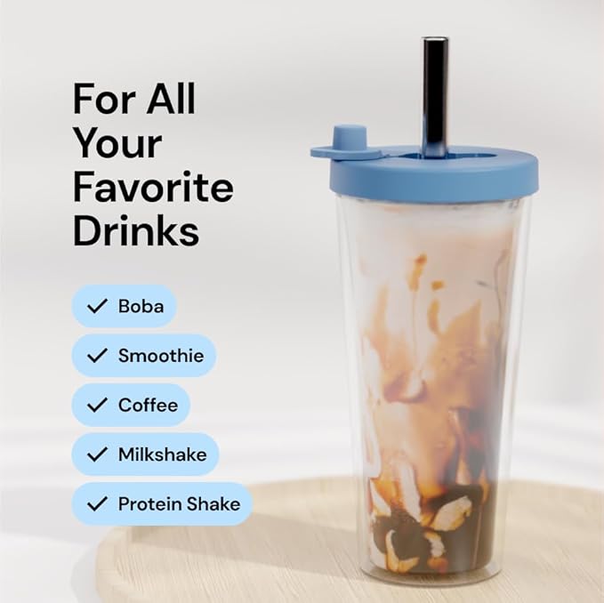 Dodoko Reusable Boba/Bubble Tea Cup - 17 oz with Lid & Straw; Cold Coffee/Smoothie Cup to Go - Breeze Blue