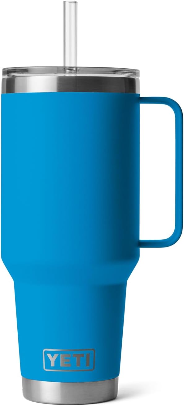 YETI Rambler 42 oz Tumbler with Handle and Straw Lid, Travel Mug Water Tumbler, Vacuum Insulated Cup with Handle, Stainless Steel, Big Wave Blue
