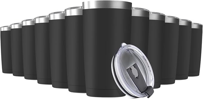 12Pack 20oz Tumbler Vacuum Insulated Travel Mug with Lids, Stainless Steel Double Wall Bulk Cup for Home, Office, Outdoor Suitable for Vehicle Cup Holders （Black）