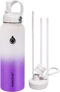 SENDESTAR Water Bottle 40oz Double Wall Vacuum Insulated Leak Proof Stainless Steel Sports Water Bottle—Wide Mouth with New Flex Straw Lid & Spout Lid (White&Voilet)