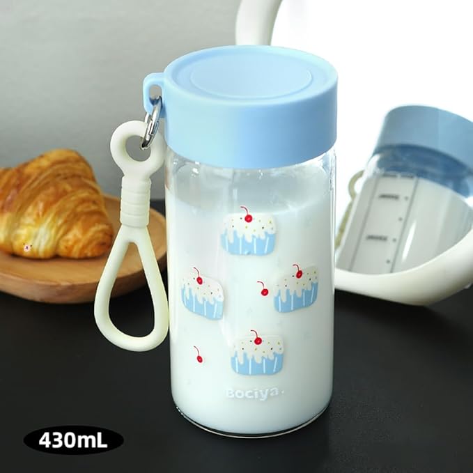 ZZT 2 Sets Of 14.5 OZ Clear Glass Bottles with Lids,Reusable Glass Water Bottle,Yellow and Blue,Leak Proof, Used for Fruit Juice,Tea,Water,Milk,Etc