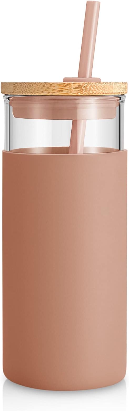 Tronco 20 oz Glass Tumbler with Lid and Straw, Reusable Iced Coffee Cup with Silicone Sleeve & Bamboo Lid, Smoothie Cup for Home, Office, for Father Men Day Gift from Wife Daughter Son (Coffee)