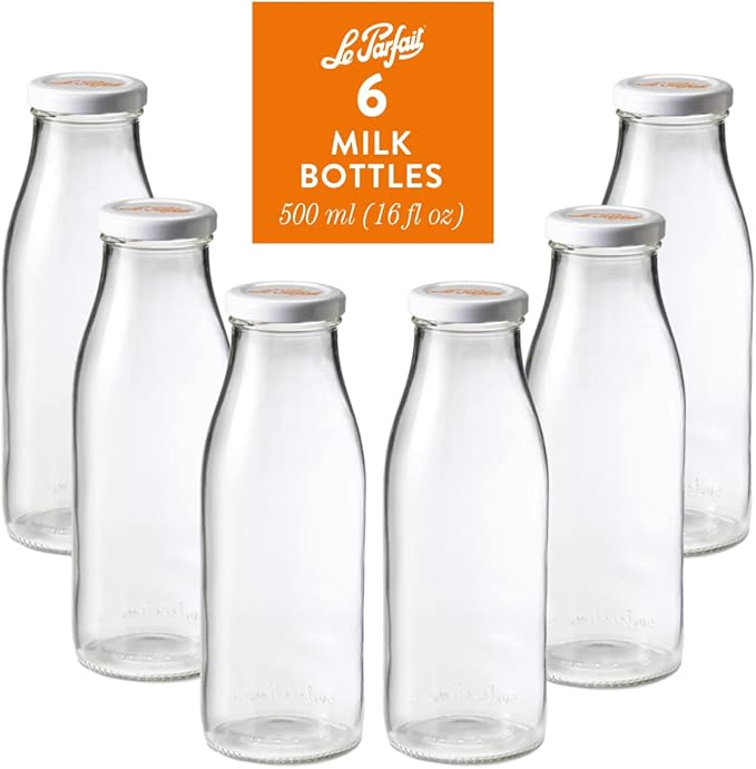 Le Parfait Bottles French Glass Milk Bottle with 48mm Printed Logo Airtight Metal Twist Cap | Used for Smoothie, Water Bottle, Preserved Tomato Sauce & other Soups| 32oz (Pack of 6) 1 Liter