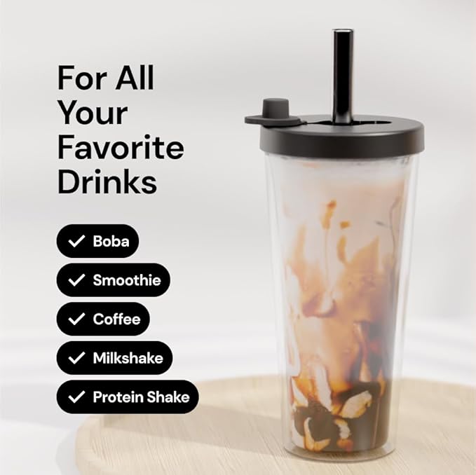 Dodoko Reusable Boba Cup and Straw Boba Tea Cup Bubble Tea Cup Reusable Iced Coffee Cup Cold Coffee Cup Smoothie Cup with Lid and Straw Smoothie Cup to go Smoothie Tumbler 17 oz - Night Black