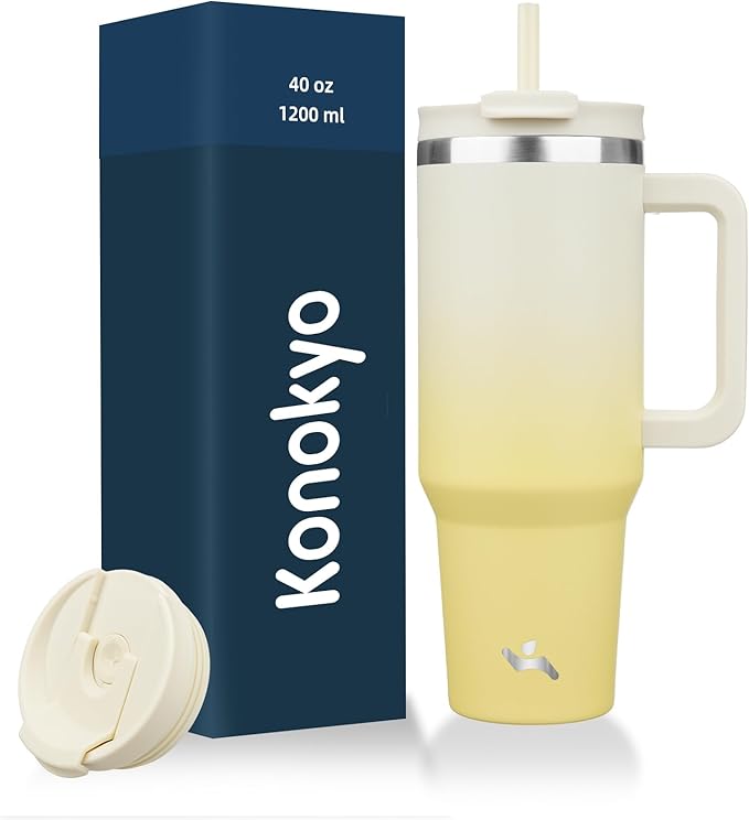 40 oz Tumbler with Handle and 2 Straws,2 in 1 Lid Insulated Water Bottle Stainless Steel Travel Coffee Mug,Lemon