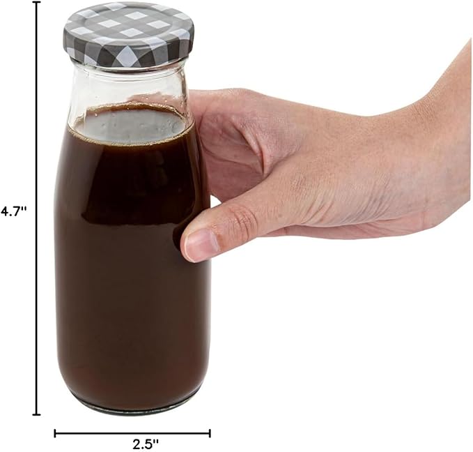 Restaurantware French Countryside 11 Ounce Glass Bottles 10 Durable Juice Bottles - With Black Plaid Lid Dishwashable Clear Glass Countryside Bottles For Hot And Cold Beverages