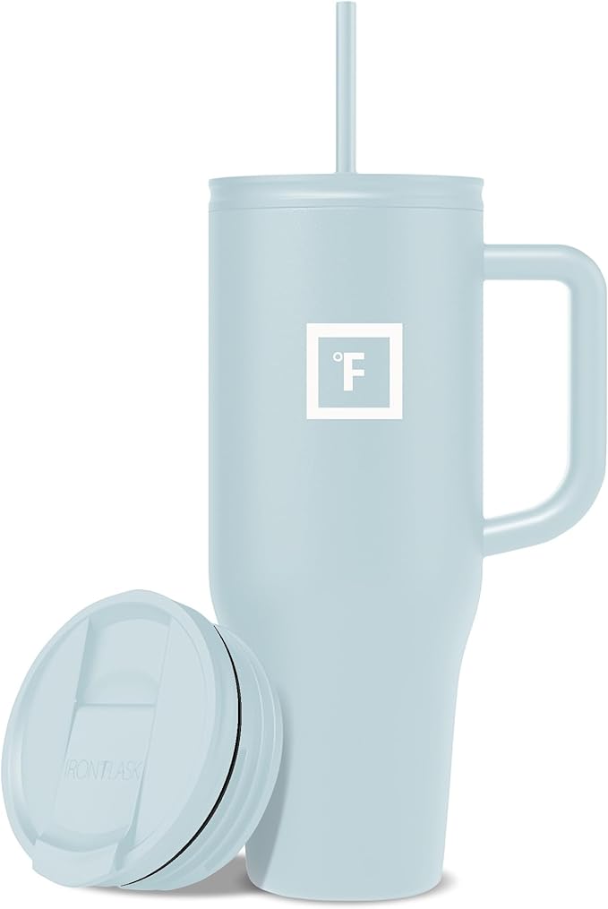 IRON °FLASK Co-Pilot Insulated Mug w/Straw & Flip Cap Lids - Cup Holder Bottle for Hot, Cold Drink - Leak-Proof - Water, Coffee Portable Travel Mug - A Morning Mist, 40 Oz