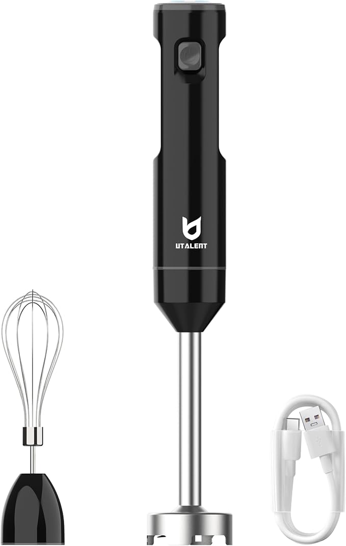 Cordless Hand Blender, UTALENT Variable Speed Immersion Blender handheld Rechargeable, with USB-C Charging Cable, Egg Whisk, for Smoothies, Milkshakes, Hummus and Soups – Black