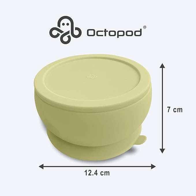 Abiie Octopod Silicone Baby Suction Bowl With Lid - Toddler & Baby Bowls, 8 oz, Yellow, Modern Style, Microwave Safe, Dishwasher Safe