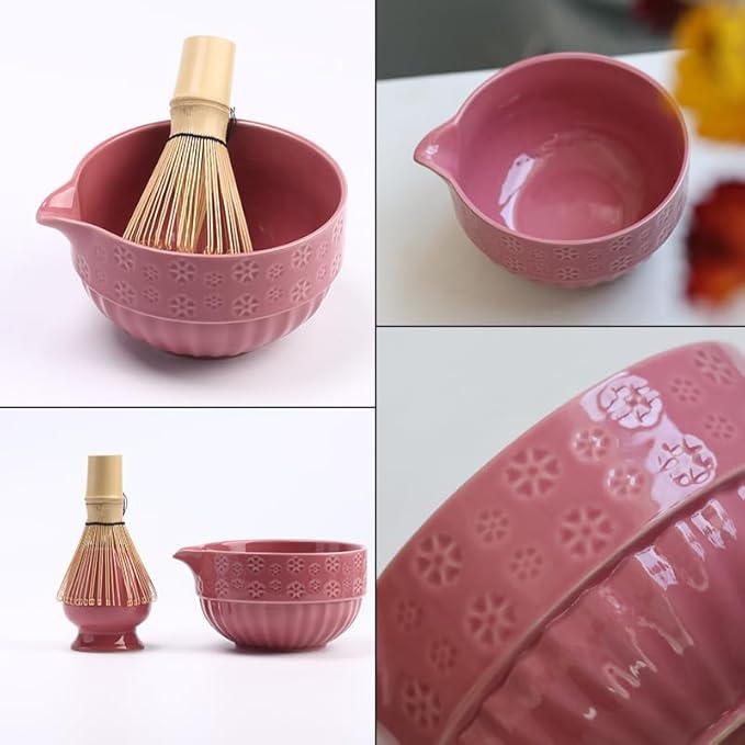 Matcha Whisk Set Pink, Ceramic Matcha Set Includes Matcha Bowl, Bamboo Whisk, Whisk Holder, Scoop, Rest, Sifter and Tea Towel – Complete 7 PCS Matcha Kit for Matcha Lovers Gift