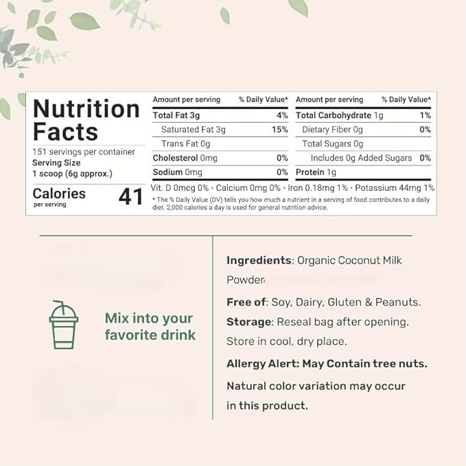 Instant Organic Coconut Milk Powder (226g/5pack) - Easy to Mix in Smoothies, Lattes & Recipes, Keto-Friendly, Vegan, No Preservatives