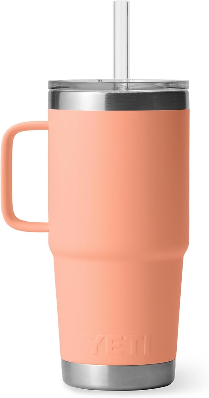YETI Rambler 25 oz Tumbler with Handle and Straw Lid, Travel Mug Water Tumbler, Vacuum Insulated Cup with Handle, Stainless Steel, Lowcountry Peach