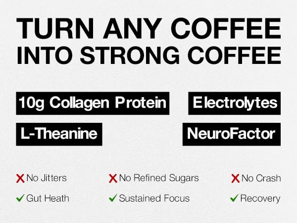 STRONG COFFEE COMPANY Coffee Booster – Collagen Coffee Protein Powder with NeuroFactor®, L-Theanine & Gut Health – 10g Protein, Electrolytes – Focus & Energy – 15 Packets