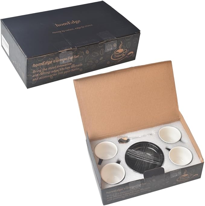 homEdge Premium Espresso Shot Cups and Saucers Set with Espresso Stainless Steel Spoons - 2.5 oz, Set of 4, Navy