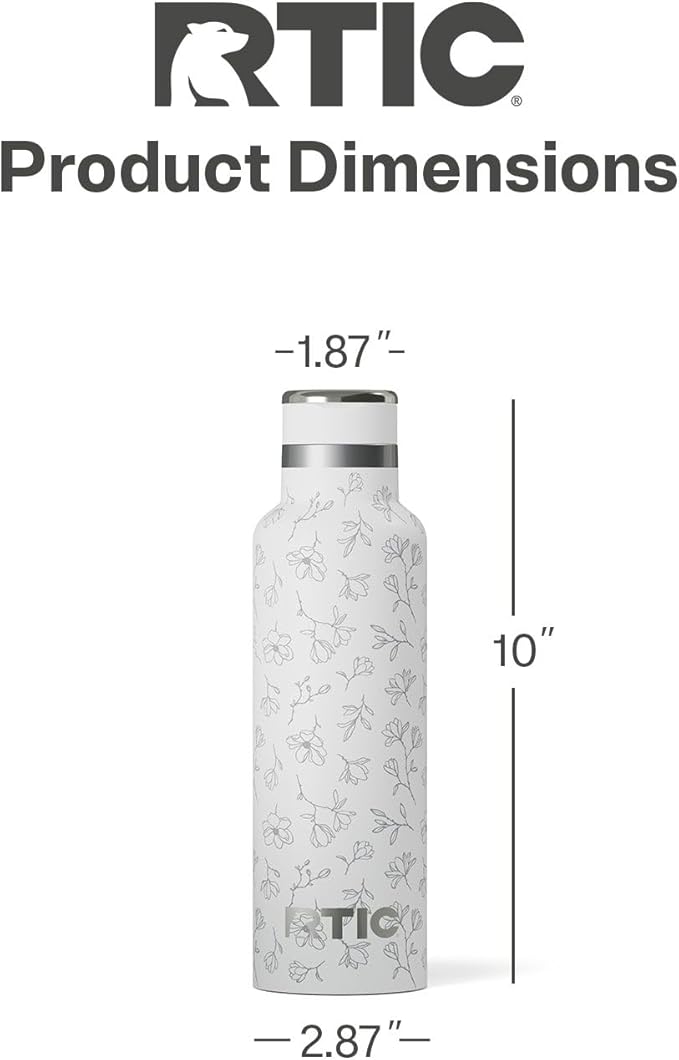 RTIC 20oz Journey Bottle Metal Stainless Steel Vacuum Insulated, BPA Free, Reusable, for Water, Hot and Cold Drinks, Travel, Sports, Camping, White Magnolias