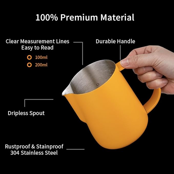 watchget Milk Frothing Pitcher 250ml/8oz Stainless Steel Espresso Steaming Jug with Matte Yellow Coating, Latte Art Coffee Frother Cup
