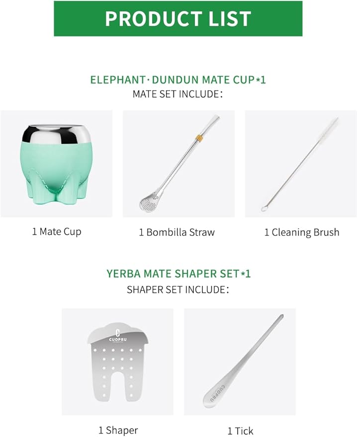 Premium Yerba Mate Cup 5 in 1 Set, Including Stainless Steel Gourd (Glitter Stars, Cute Elephant Style) Bombilla Straw, and Tea Shaper Set, 5.4oz, Gift for Women Drinking Coffee Tea Water
