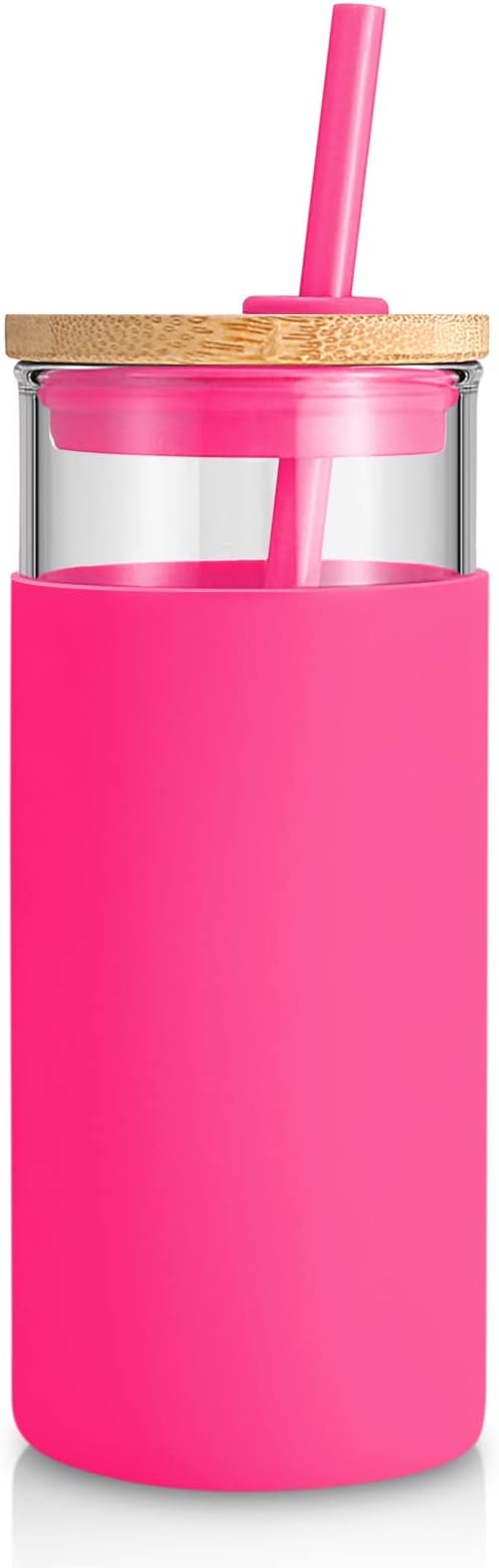 Tronco 20 oz Glass Tumbler with Lid & Straw - Iced Coffee Cup & Smoothie Cup With Silicone Sleeve | BPA-Free, Dishwasher Safe | Reusable Glass Cups with Bamboo Lids and Straws (Watermelon, 1 Count)