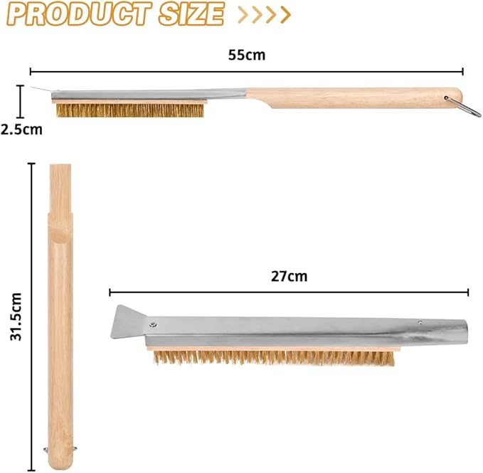 Pizza Oven Brush, 21" Brush and Stainless Steel Scraper for Pizza Stone, BBQ Grill Cleaning Brush Non Scratch Heat Proof Brass Bristles with Screwdriver, Outdoor Pizza Oven and Accessories