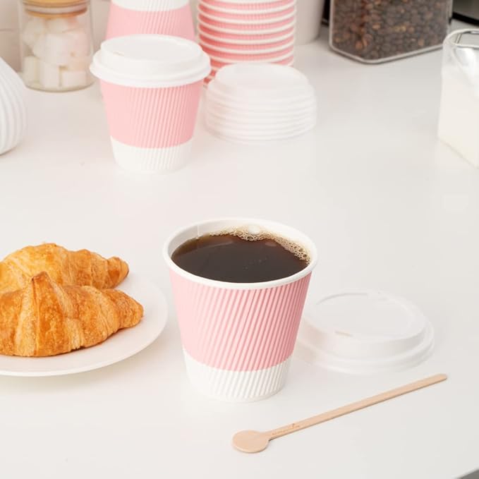 Restaurantware 8 Ounce Ripple Wall Paper Coffee Cups, 25 Leakproof Disposable Hot Drink Tumblers, Recyclable, Insulated Light Pink Design, Matching Lids available for Cups and Sold Separately