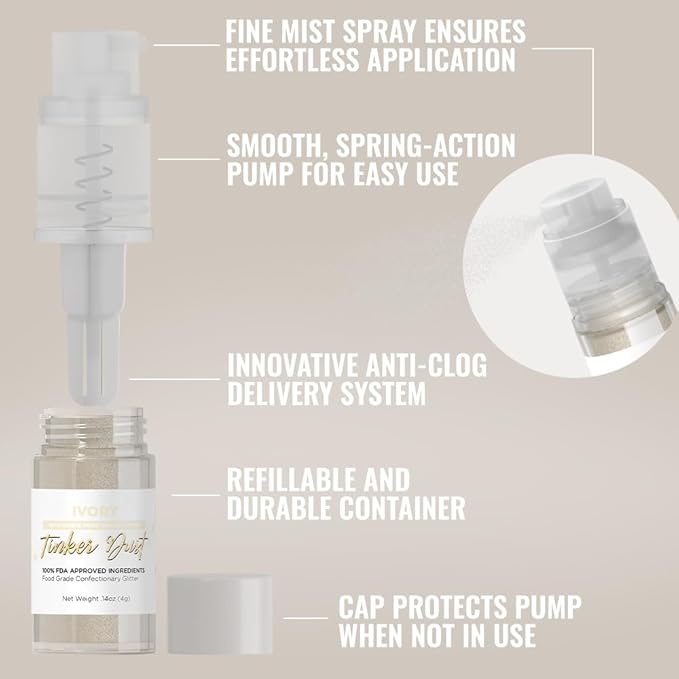 Bakell - Ivory Tinker Dust (4g, 1x Mini Spray Pump) Edible Glitter for Food, Desserts, and Beverages!