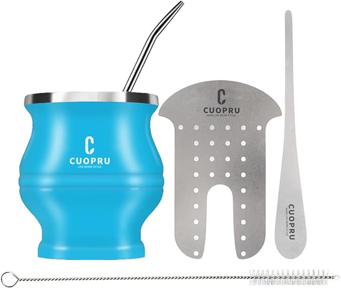 Stainless Steel Modern Yerba Mate Drinking Cup Set - 180 ml, Includes Bombilla Straw, Cleaning Brush, Blue