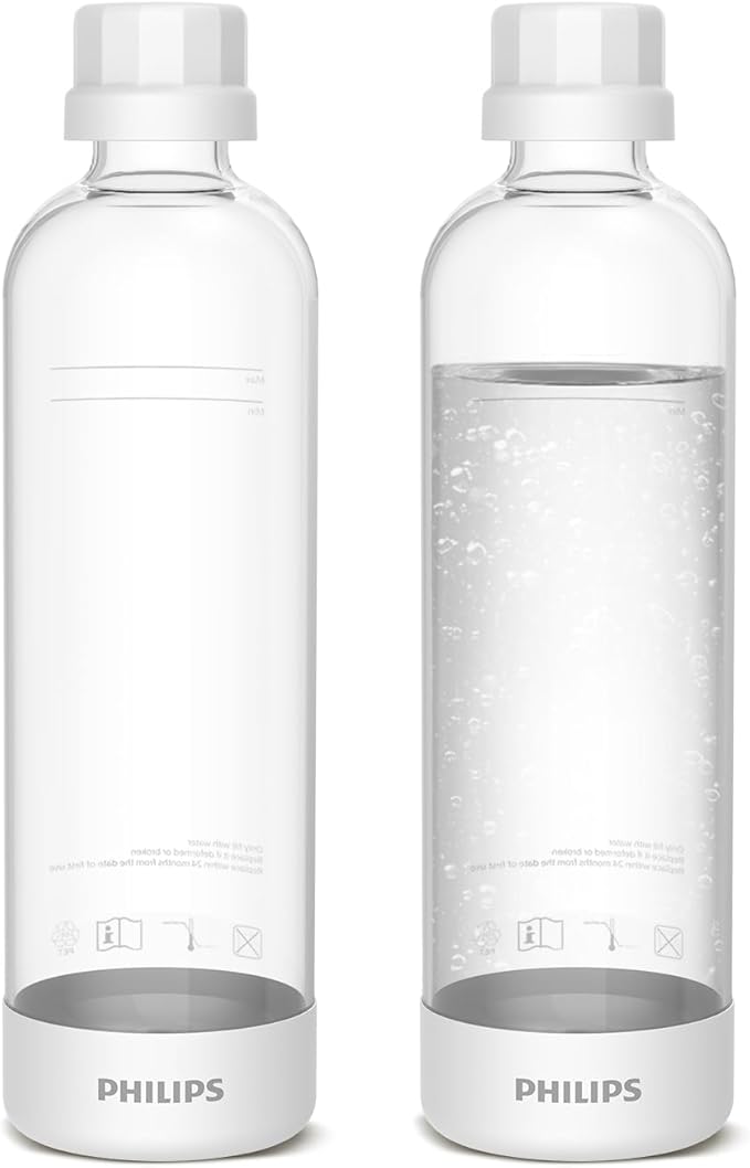 PHILIPS Carbonating Bottles ADD910WHOQ/37, 1L Twin Pack Reusable PET Water Bottles Compatible Sparkling Water Maker, 2 Pack for ADD4902BKOQ/37, ADD4902WHOQ/37 and ADD4901GROQ/37, ADD4901BKOQ/37