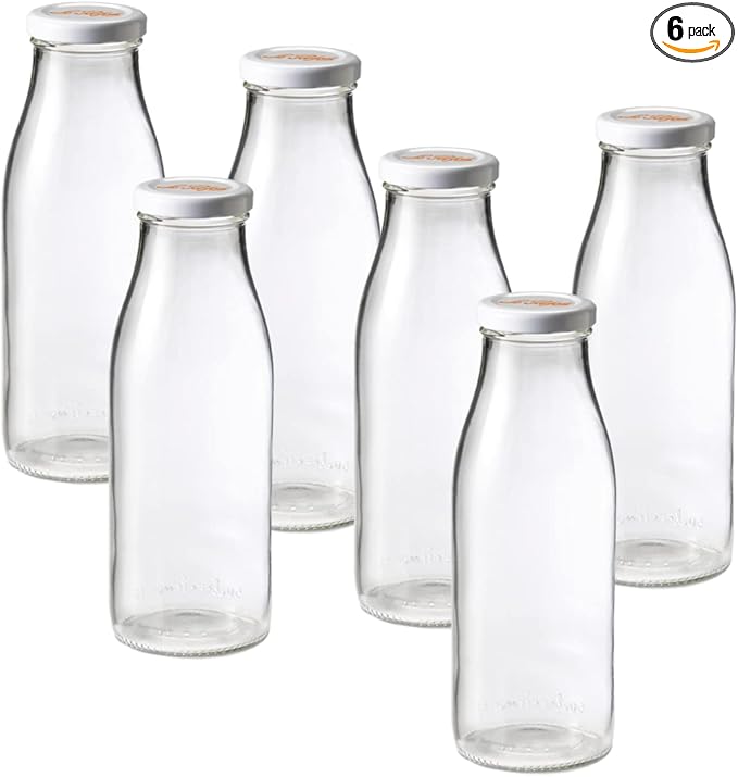Le Parfait Bottles French Glass Milk Bottle with 48mm Printed Logo Airtight Metal Twist Cap | Used for Smoothie, Water Bottle, Preserved Tomato Sauce & other Soups | 16oz (Pack of 6) 500ml