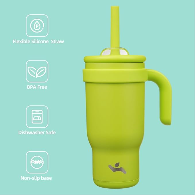 18 oz Tumbler with Side Handle, Insulated Water Bottle with Straw and 2 in 1 Lid, Stainless Steel Cup Travel Coffee Mug for Sports Office Gym,Green