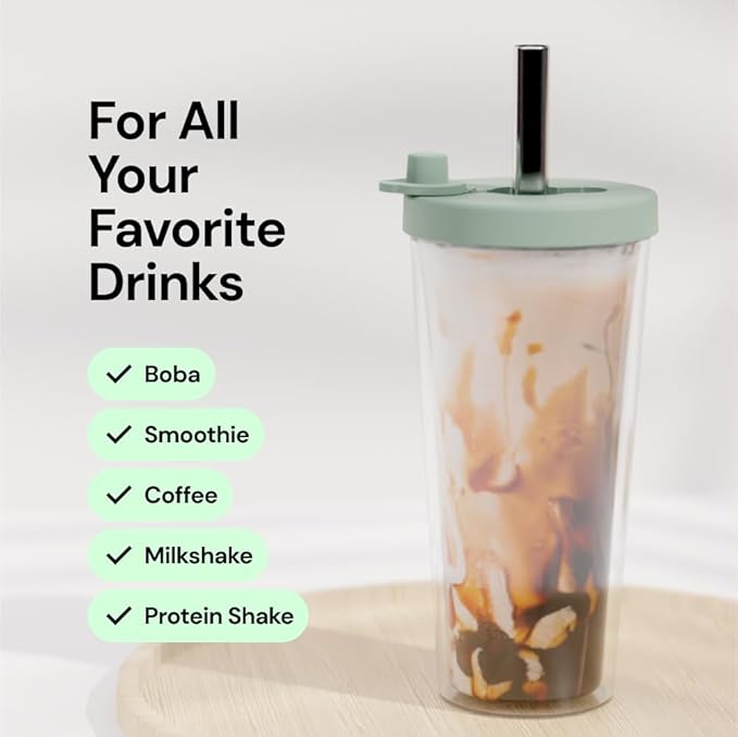 Dodoko Reusable Boba Cup and Straw Boba Tea Cup Bubble Tea Cup Reusable Iced Coffee Cup Cold Coffee Cup Smoothie Cup with Lid and Straw Smoothie Cup to go Smoothie Tumbler 17 oz - Sage Green