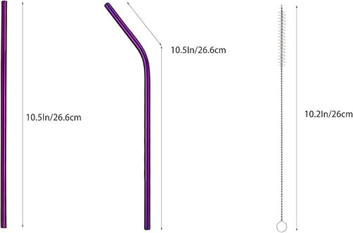 10 Pcs Stainless Steel Straws, Reusable Drinking Straws, 5 Straight + 5 Bent Metal Straws Set With 2 Pcs Cleaning Brushes (Purple, 10.5 Inch)