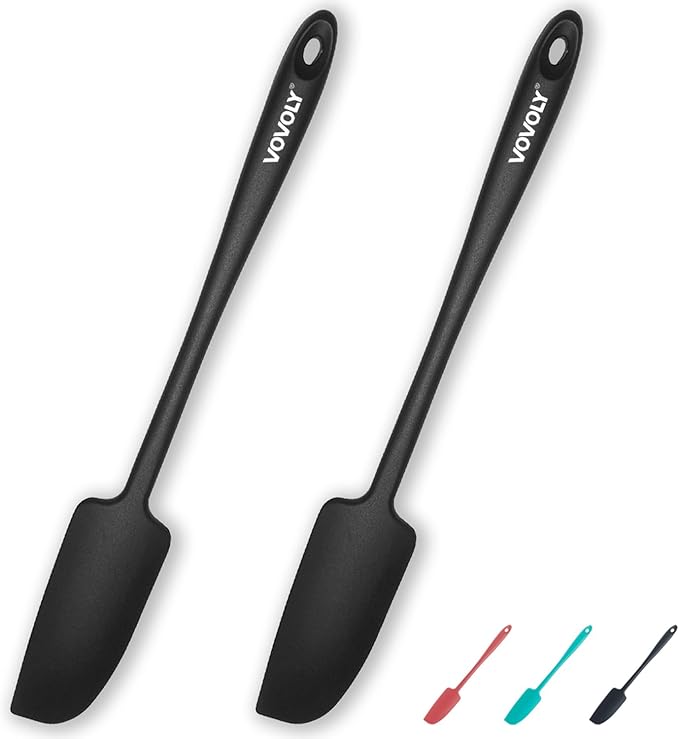 2-Pack Vovoly Silicone Jar Spatulas, Small Seamless Design Rubber Scraper with Stainless Steel Core, Heat Resistant and Non-Stick Mini Spatula for Jars and Blenders, BPA Free,11 IN, Black
