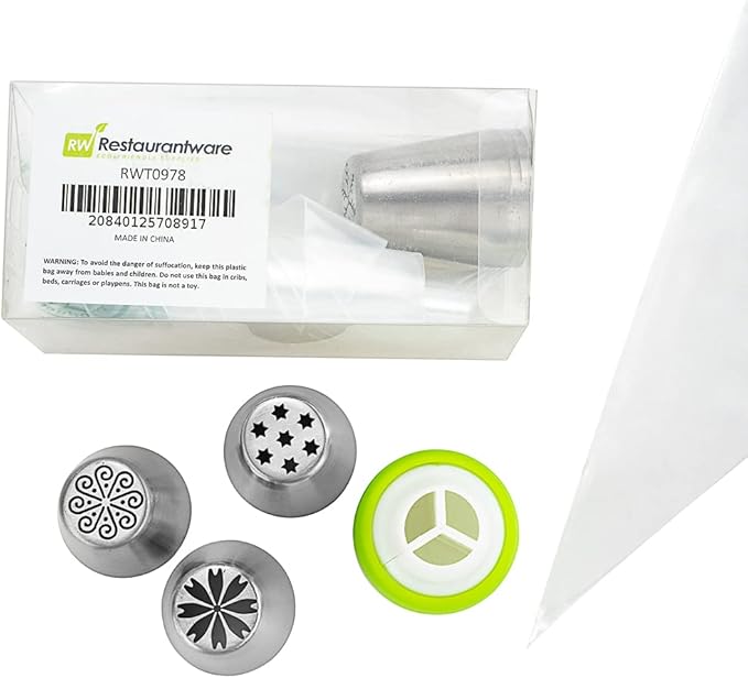 Restaurantware Pastry Tek Russian Piping Tips Set 17 Piece Durable Cake Decorating Kit - 6 Piping Tips 10 Piping Bags Stainless Steel Piping Bags And Tips Set 1 Tri-Color Coupler