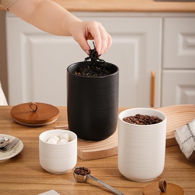 Food Storage Jar Strong Ceramic Storage Canisters with Airtight Wooden Lid,Kitchen Storage Containers for Serving Coffee Beans, Tea, Sugar, Salt, Spices (Little black)