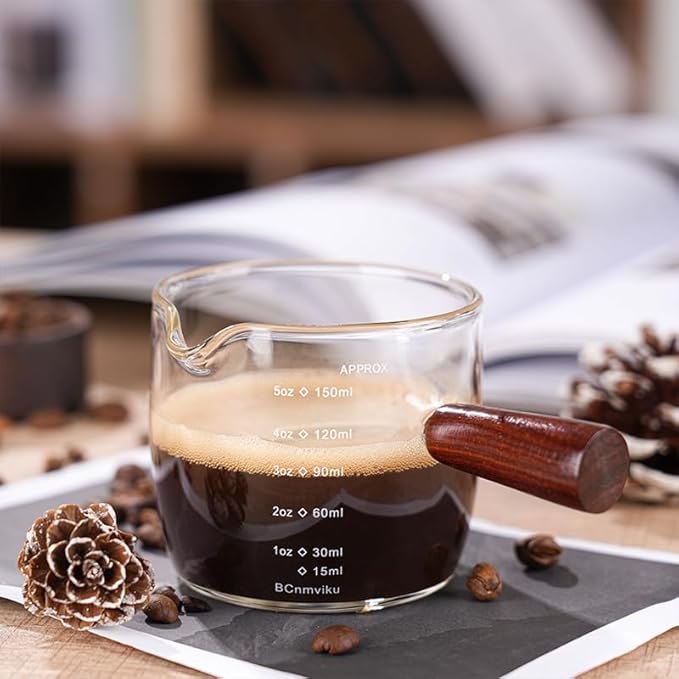 BCnmviku Espresso Shot Glass 150ML/5OZ Triple Pitcher Barista Single Spouts With Wood Handle (2)
