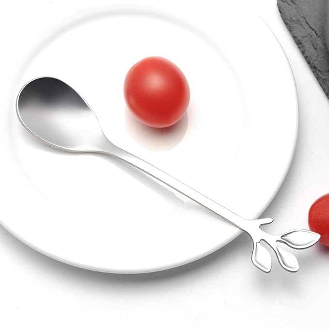 AnSaw 8-Pack Elegant Silver Leaf 4.7" Espresso Spoons - Stainless Steel, Perfect for Coffee, Demitasse, Dessert & Tea, Mini Size for Small Servings