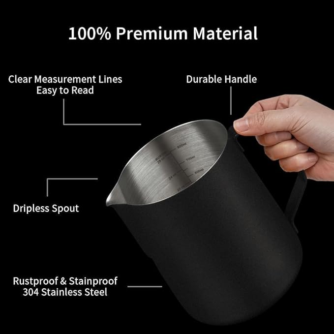 watchget Milk Frothing Pitcher 32oz/900ml - Stainless Steel Frothing Pitcher Espresso Steaming Pitcher Coffee Frother Cup Cappuccino Latte Art Coffee Machine Accessories Milk Jug, Black