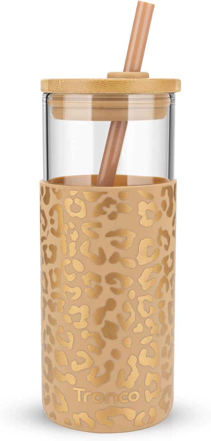 Tronco 20 oz Glass Tumbler with Straw and Lid- Glass Cup with Lid and Straw, Iced Coffee Cup Reusable, Smoothie Cups, Bamboo Lid and Protective Silicone Sleeve - BPA-Free