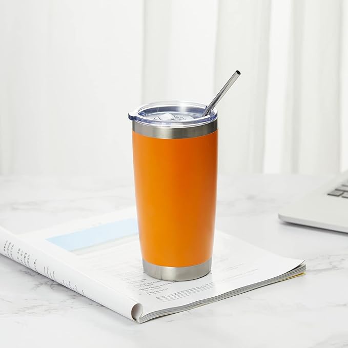 COMOOO 20oz Tumbler Bulk Double Wall Vacuum Insulated Travel Mug, Stainless Steel Tumbler with Lid and Straw Durable Powder Coated Insulated Coffee Cup for Cold & Hot Drinks (Orange, 6 pack)