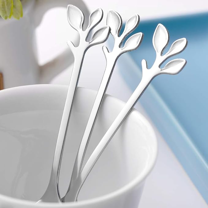AnSaw 8-Pack Elegant Silver Leaf 4.7" Espresso Spoons - Stainless Steel, Perfect for Coffee, Demitasse, Dessert & Tea, Mini Size for Small Servings