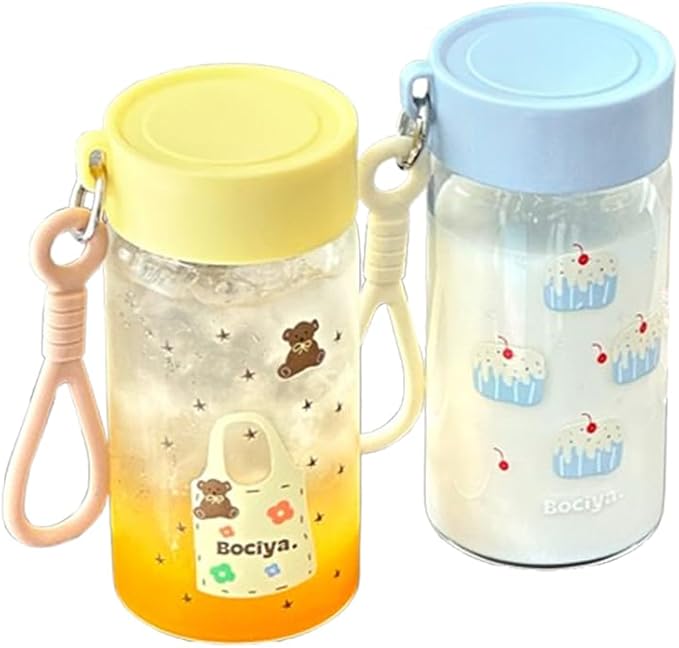 ZZT 2 Sets Of 14.5 OZ Clear Glass Bottles with Lids,Reusable Glass Water Bottle,Yellow and Blue,Leak Proof, Used for Fruit Juice,Tea,Water,Milk,Etc