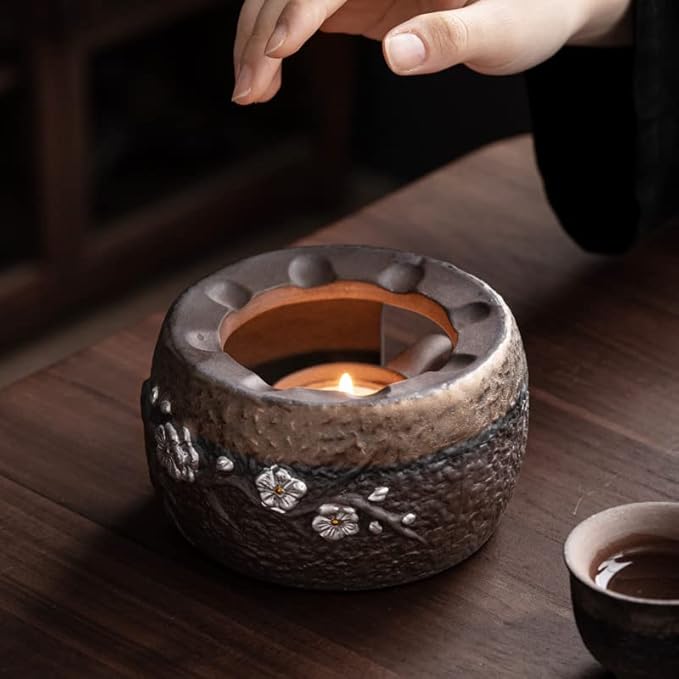 Teapot Warmer Matte Classic Retro Ceramic Universal Tea Warmer Stand Set with Candle Holder Japanese Style for Warming Tea, Coffee and Milk etc.
