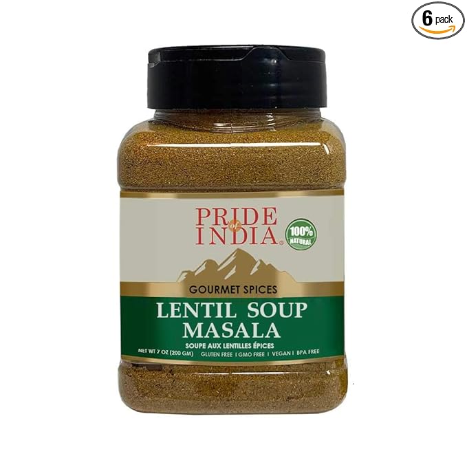 Pride of India - PACK of 6 - Lentil Soup Masala – Authentic Indian Taste- Spice Blend for Lentil Soups and Stews-Flavorful Mix-Easy to Use-7 oz. Medium Dual Sifter Jar- For Vegans & Vegetarians