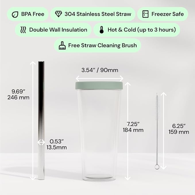 Dodoko Reusable Boba Cup and Straw Boba Tea Cup Bubble Tea Cup Reusable Iced Coffee Cup Cold Coffee Cup Smoothie Cup with Lid and Straw Smoothie Cup to go Smoothie Tumbler 17 oz - Sage Green