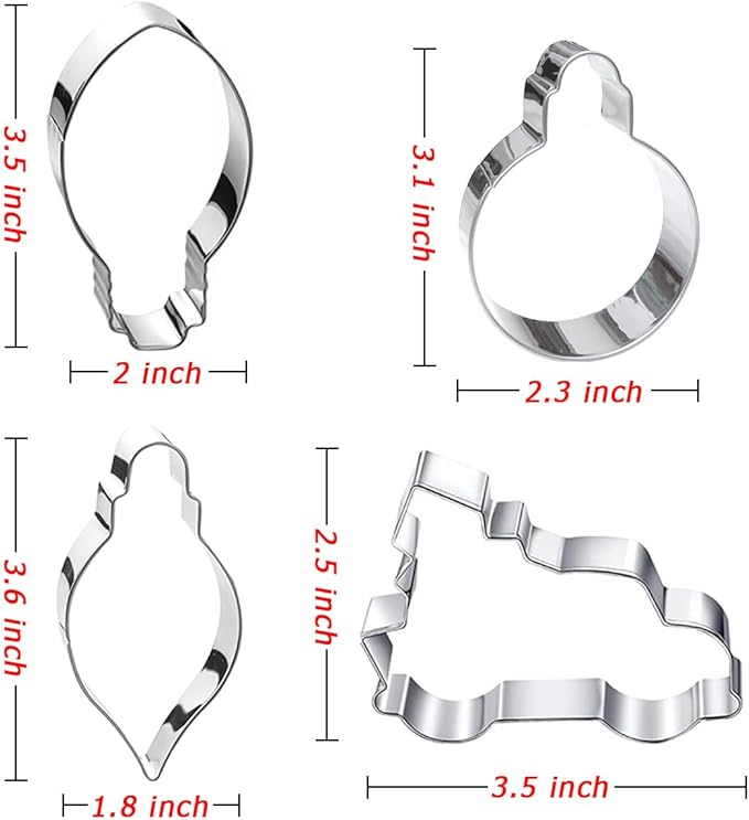 Christmas Ornament Cookie Cutters 4Pcs, Large Christmas Tree Car Light Ornament Shapes Cookie Cutters, Metal Dough Fondant Biscuit Molds for Baking Decorating Home Kitchen