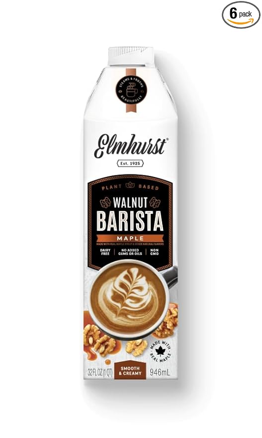 Elmhurst 1925 Maple Walnut Milk Barista Edition – 32 Ounce (Pack of 6) Plant-Based, Extra Creamy, Vegan, Dairy-Free, Non-GMO, Kosher, Sweetened with Real Maple Syrup for Flavorful Lattes & Iced Drinks