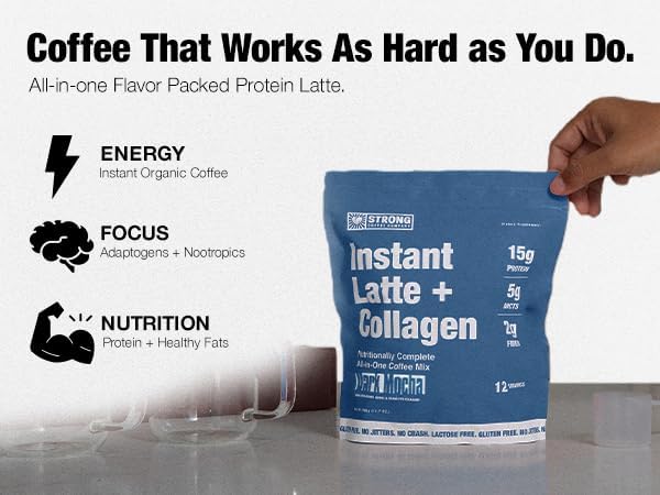 STRONG COFFEE COMPANY Instant Cacao Latte - 15g Protein, Instant Protein Coffee with Collagen, Adaptogens & Nootropics, No Crash, No Jitters, 12 Servings Bag
