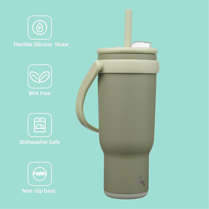 40 oz Tumbler with Side Handle, Insulated Water Bottle with Straw and 2 in 1 Lid, Stainless Steel Cup Travel Coffee Mug for Sports Office Gym,Camp Green