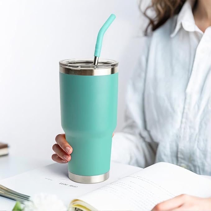 Stainless Steel Straw for 30 oz YETI Tumbler, 9.5in Metal Straight Straws Reusable with Silicone Tip for Milk, Juice, Cola, Coffee- 2 Cleaning Brushes & 1 Portable Bag