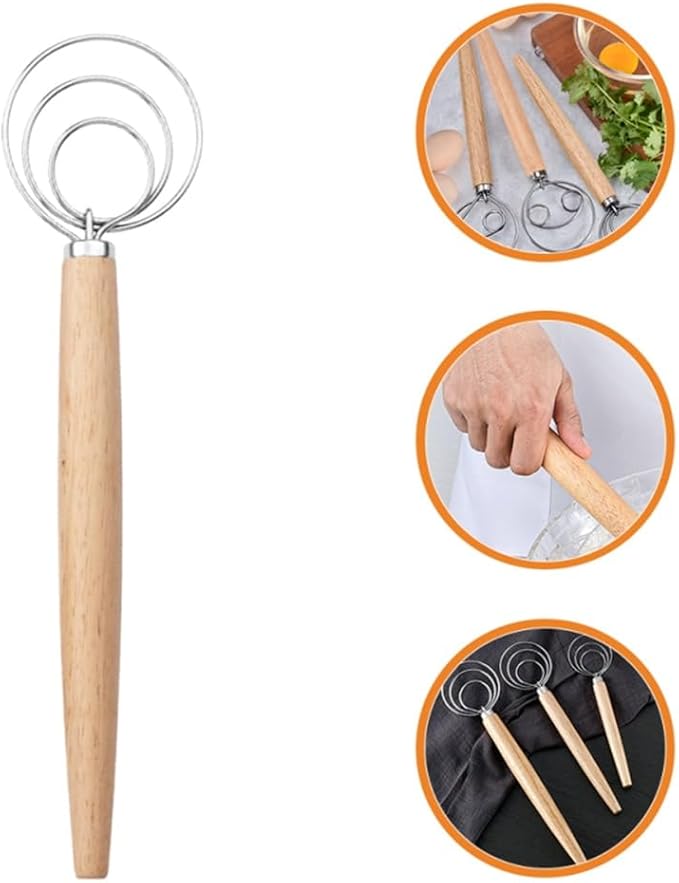 Danish Dough Whisk with Dough Scraper 10" Dutch Bread Whisk Bread Mixer Stainless Steel Dutch Bread Dough Whisk with Wooden Handle Dutch Whisk Baking Tools for Sourdough, Pizza, Pastry, Cake